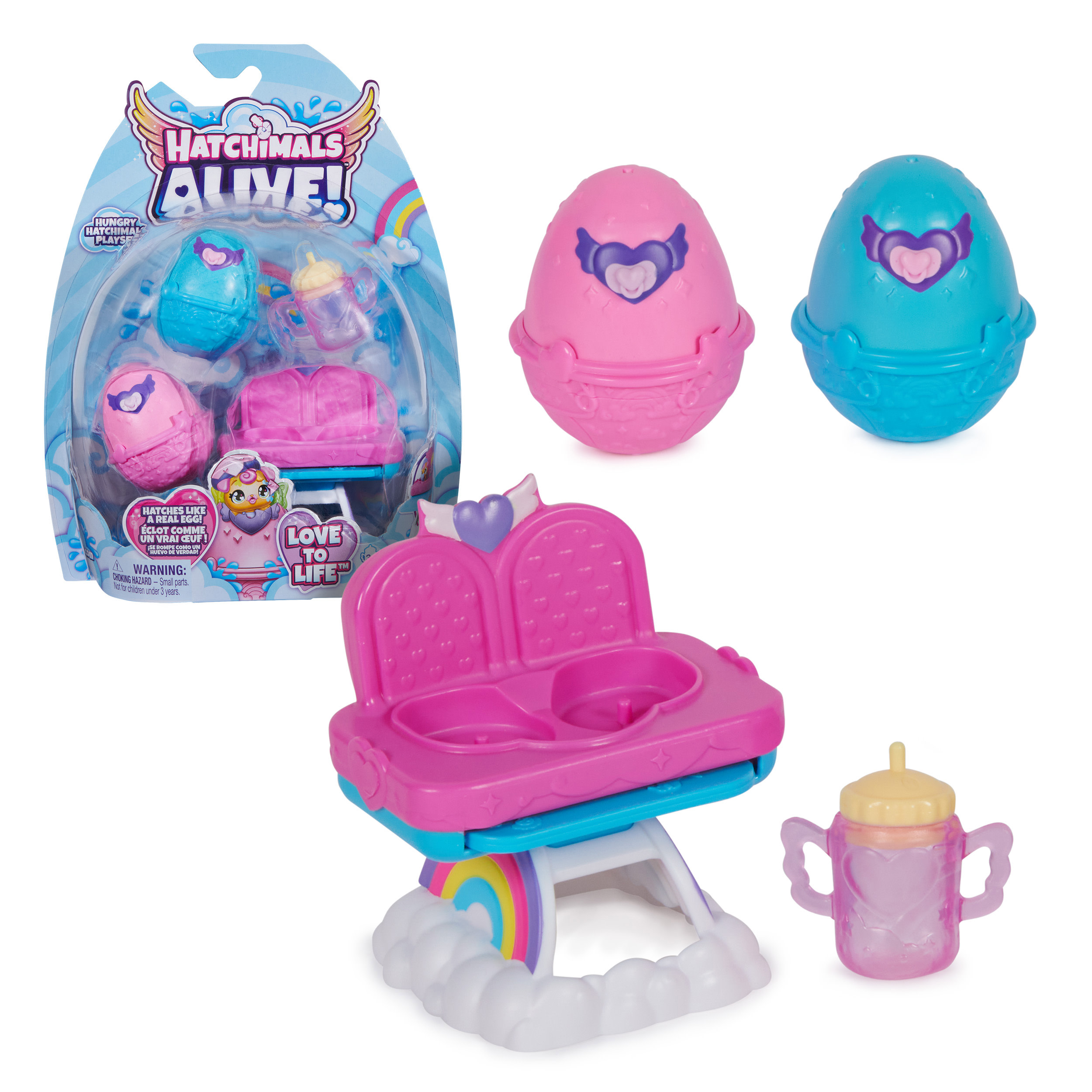 Hatchimals Alive, confezione con due uova che si schiudono con l'acqua e  seggiolone, giocattoli per bambine e bambini dai 3 anni in su