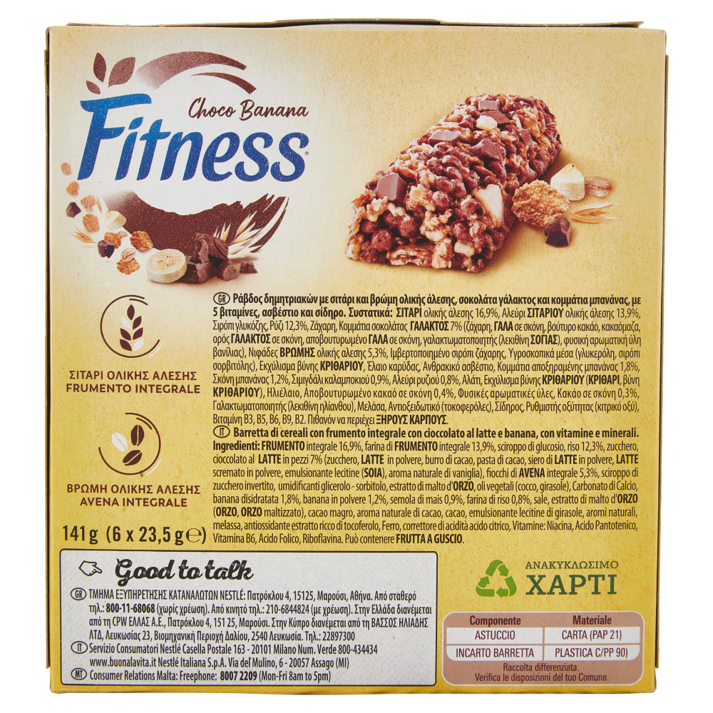 FITNESS Chocolate Barrette Cereali Integrali con Cioccolato al Latte 6  pezzi da 23,5 g