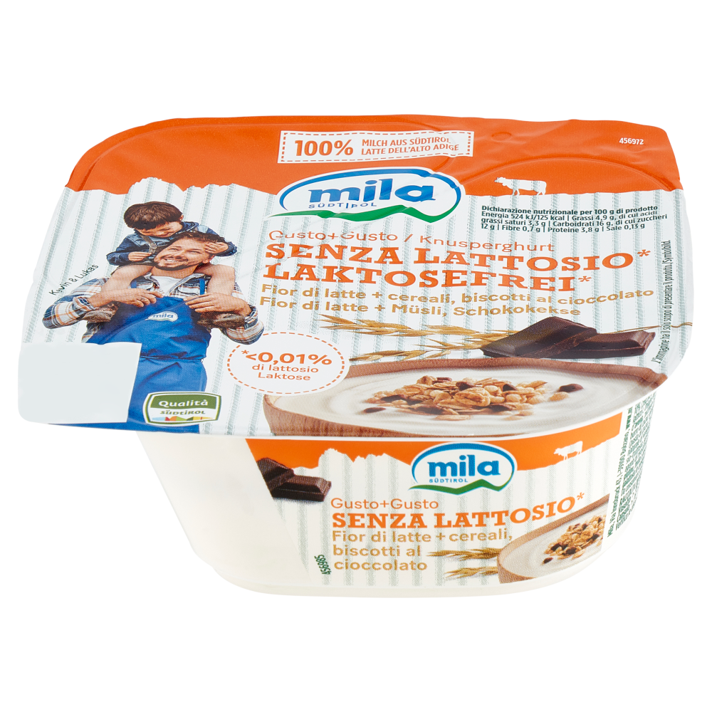 Compra Yogurt Gusto+Gusto senza lattosio con cereali e biscotti al  cioccolato Mila - Latte Montagna Alto Adige 150g I Pur Südtirol®