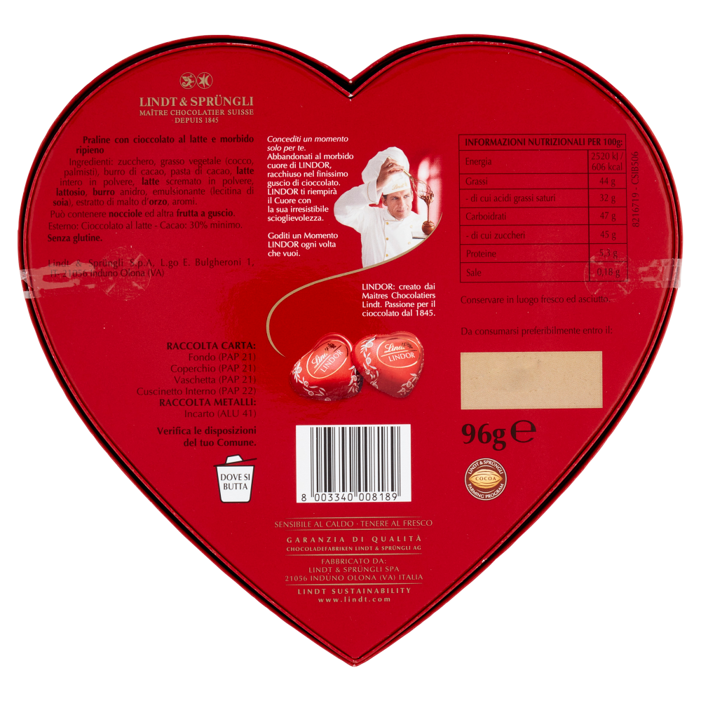 Lindt San Valentino Scatola Regalo Cioccolatini Lindor a Forma di Cuore al  Cioccolato al Latte, 96g