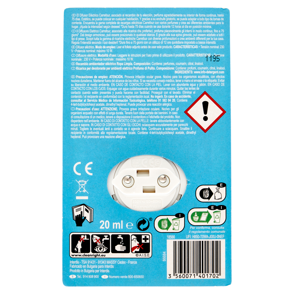 Carrefour Essential Ricarica per deodorante per ambienti elettrico Profumo  di Pulito 20 ml