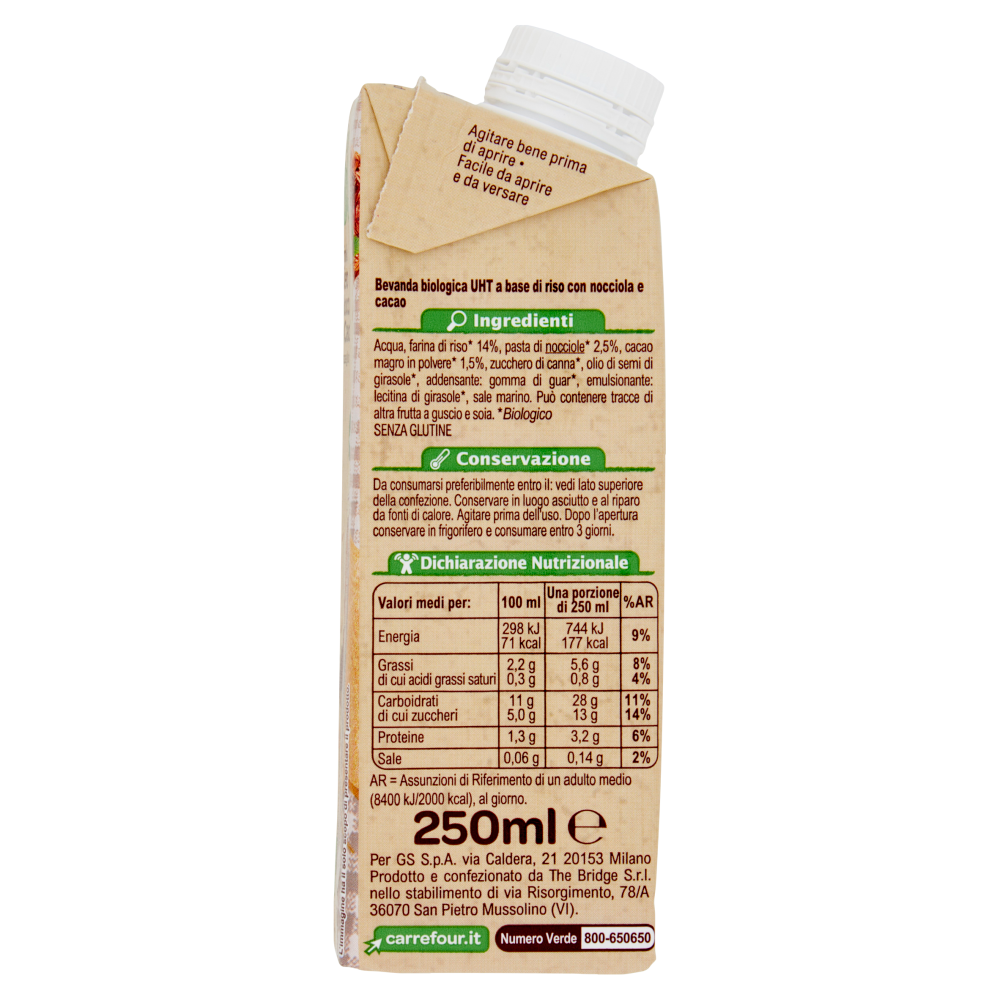 Carrefour Bio Drink Riso Nocciola e Cacao 250 ml