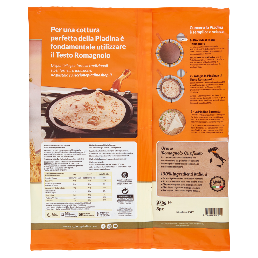 Riccionepiadina Piadina Romagnola IGP alla Riminese all'Olio Evo 3 x 125 g