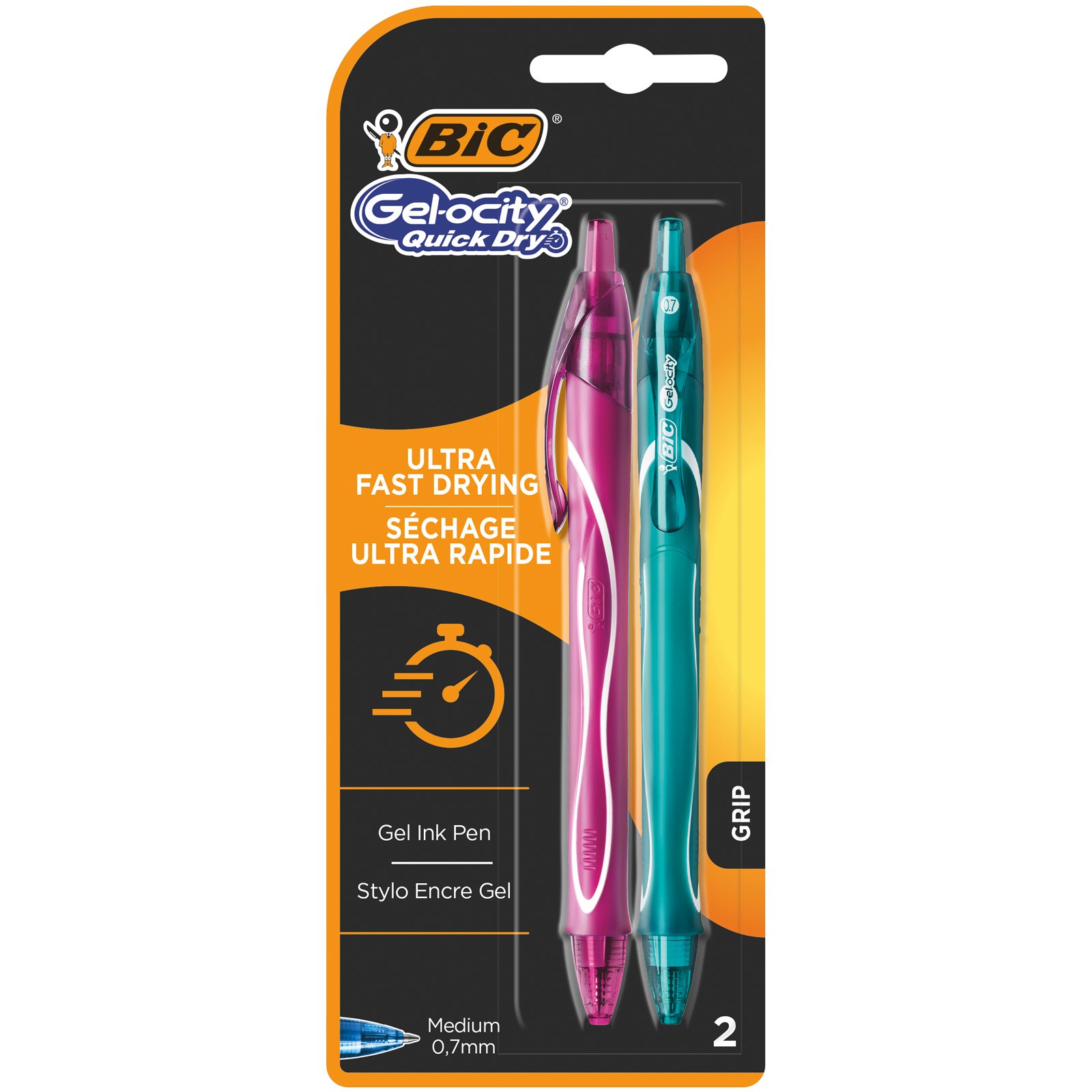 BIC Gel-Ocity QuickDry, Penne Multicolore Gel A Scatto e Ricaricabile  (Punta 0.7mm), Confezione da 2