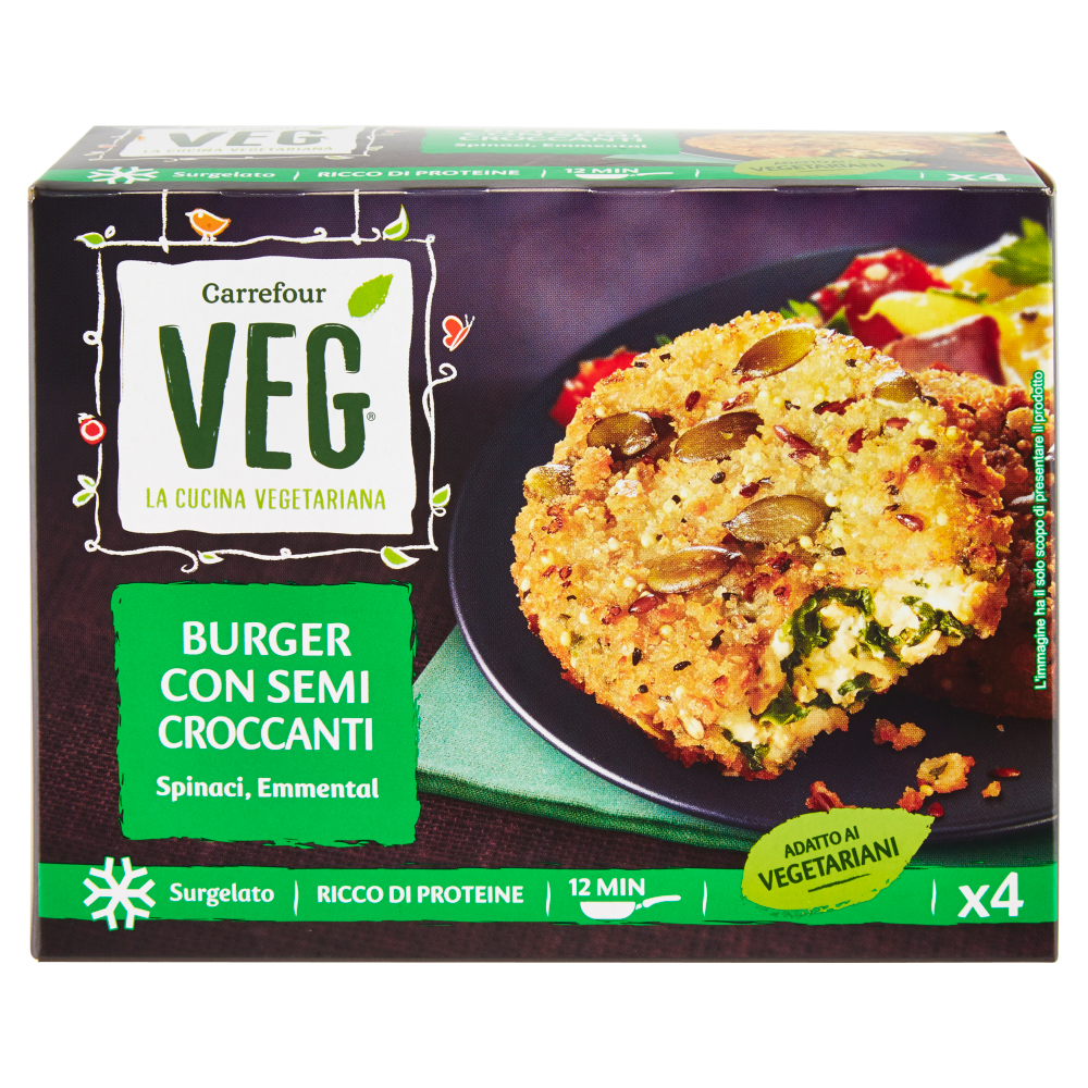 Carrefour Veg Burger con Semi Croccanti Spinaci, Emmental Surgelato 400 g