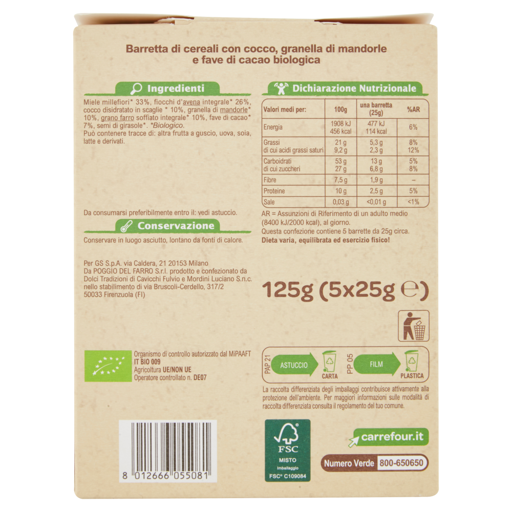 Carrefour Bio Barrette di cereali con cocco, granella di mandorle e fave di  cacao 5 x 25 g